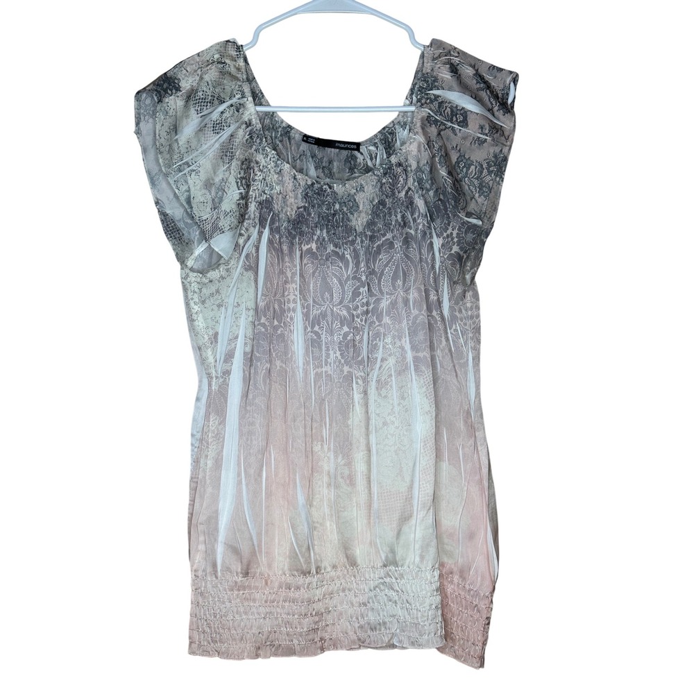 Maurices Y2K XL Blouse Top‎ Sheer Floral Print Short Sleeve Smocked Waist boho